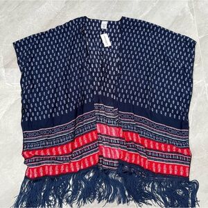 Women’s Dressbarn Patterned Fringe Open Kimono One Size Red White And Blue